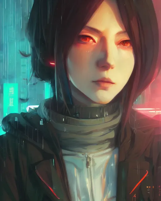 Image similar to kyoto animation, cool lady wearing cyberpunk warcore clothing, beautiful, detailed portrait, cell shaded, 4 k, concept art, by wlop, ilya kuvshinov, artgerm, krenz cushart, greg rutkowski, pixiv. cinematic dramatic atmosphere, sharp focus, volumetric lighting, cinematic lighting, studio quality