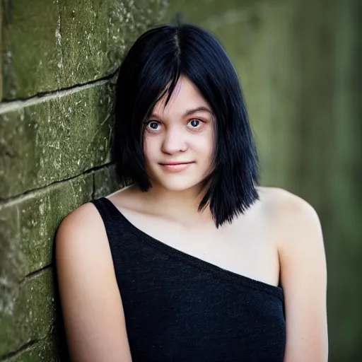 Image similar to young woman with shoulder - length messy black hair, slightly smiling, 1 3 5 mm nikon portrait