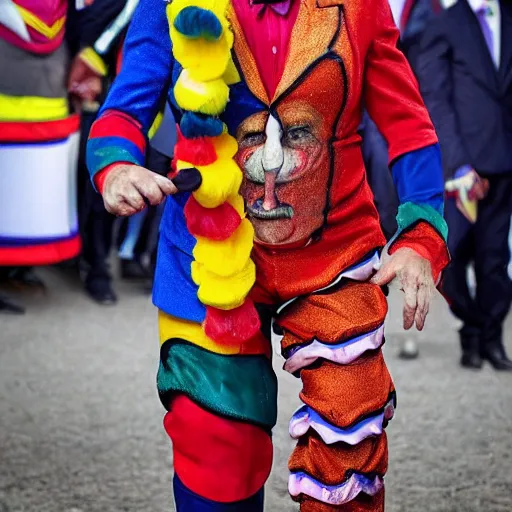 Image similar to emmanuel macron as a clown in a circus, full body shot, highly - detailed, sharp focus, award - winning