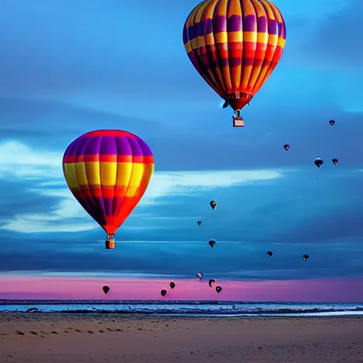 Prompt: hot air balloons shaped like raindrops falling from the sky over the seychelles at sunrise, 8 k professional photography, purple sunrise, beach, clear blue water, award - winning national geographic wallpaper