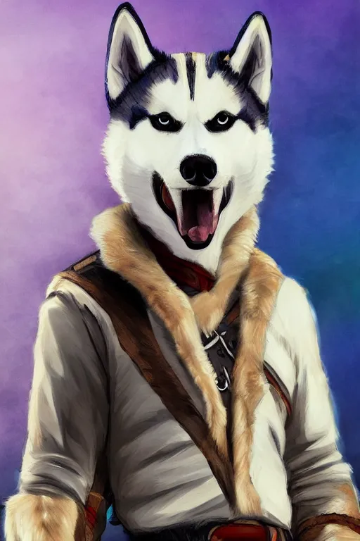 Image similar to a portrait painting of a husky in cowboy costume in the style of anime, a fistful of dollars, character design, humanoid, personify, anthropomorphic