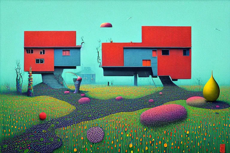 Image similar to surreal glimpse into other universe, house by som architect, summer morning, very coherent and colorful high contrast, art by!!!! gediminas pranckevicius!!!!, geof darrow, floralpunk screen printing woodblock, dark shadows, hard lighting, stipple brush technique,