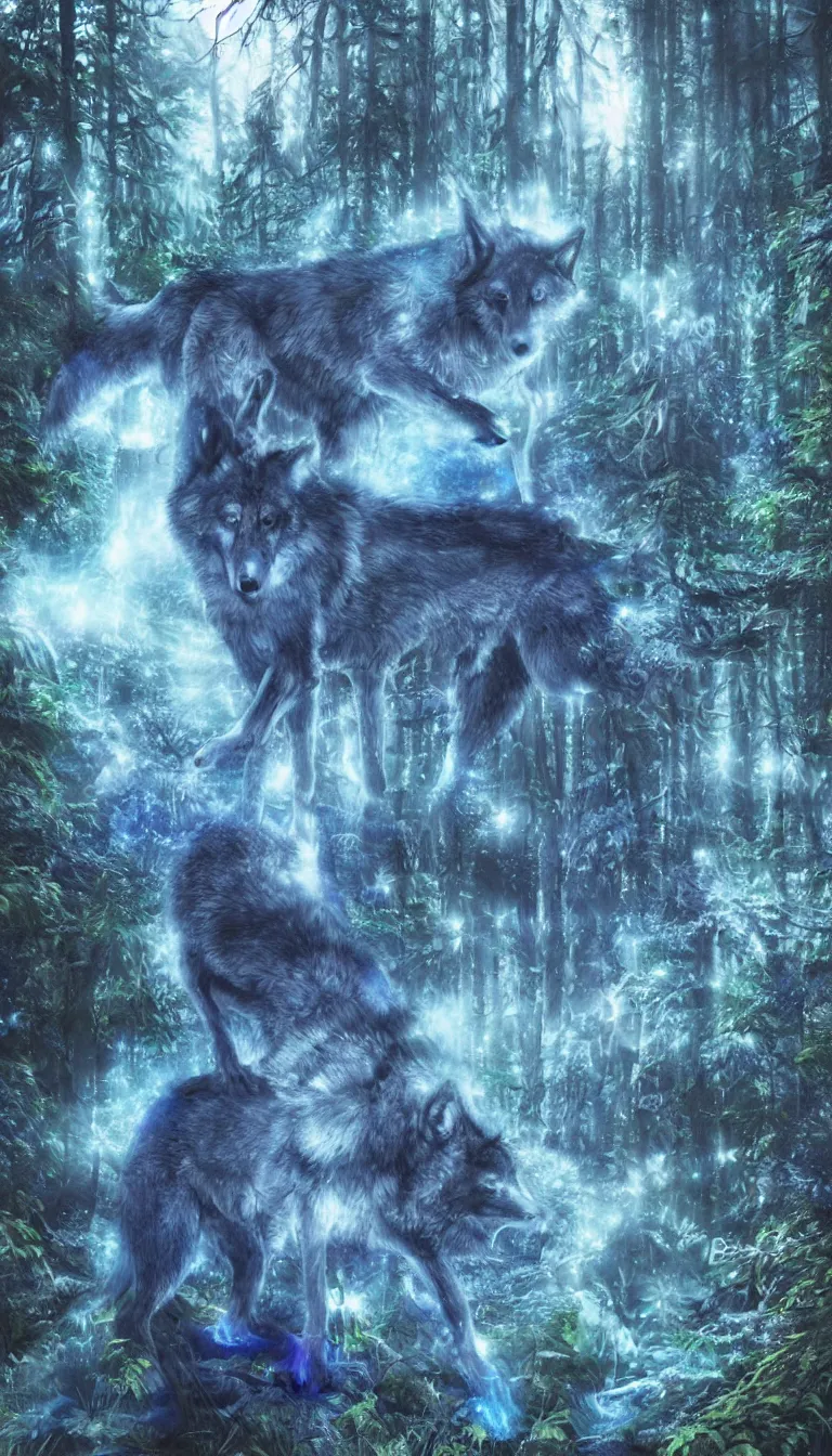 Image similar to humanoid wolf in an enchanted forest with a blue hue and blue fireflie and a waterfall in the distance that magically glows blue, insanely detailed