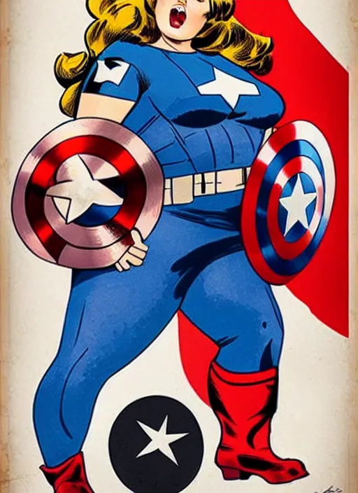 Prompt: plus size female captain america standing on a pile of defeated, beaten and broken ss soldiers. feminist captain america wins ww 2. american ww 2 propaganda poster by rob liefeld and pixar. gorgeous face. pin up. overwatch.