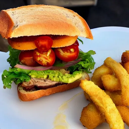 Image similar to sandwich with fried tofu, also one tomato slice, two onion rings, avocado and cheddar, over a dish and over a table, outside with a sunset and rainbow in the background with saturn and stars in the sky