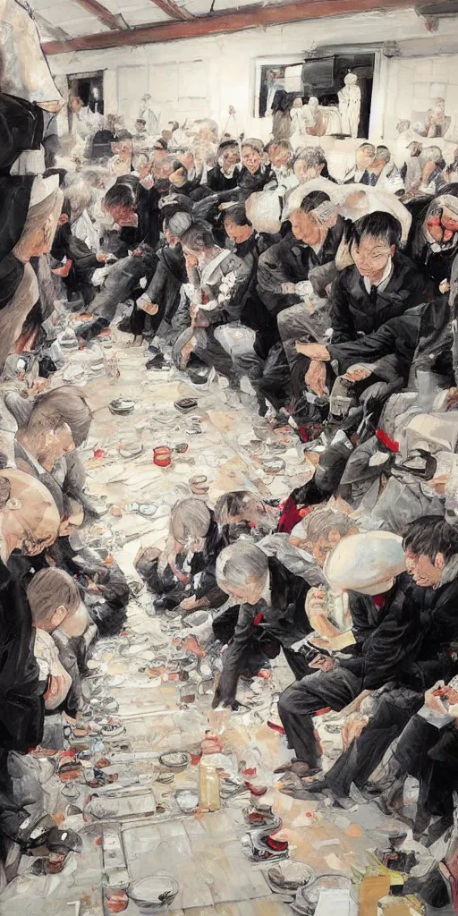 Image similar to oil painting scene from funerals by kim jung gi