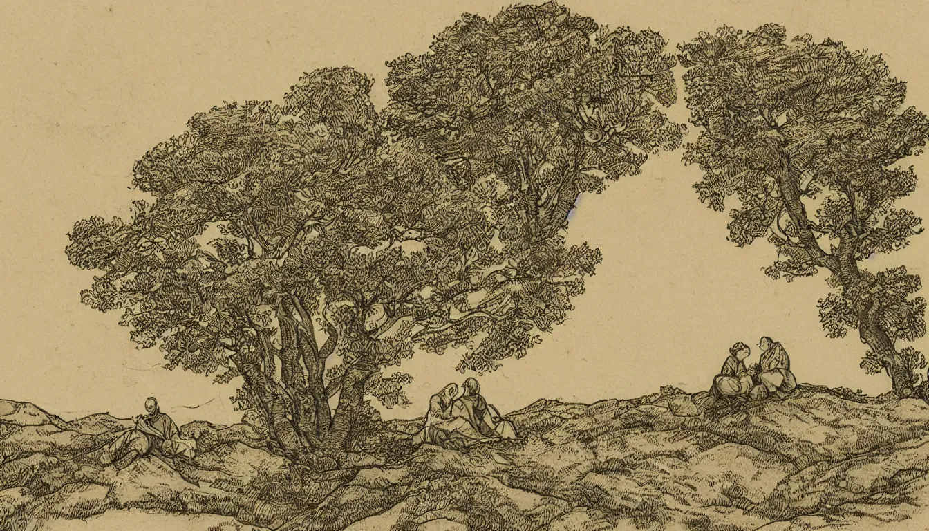 Prompt: a couple sits on a hill overlooking a river, yellowed paper, wind blown trees, pen and ink, 1 5 0 0 s, 8 k resolution