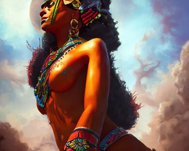 Image similar to aztec sun goddess, vivid colors, dark shadows, contrast, concept art, sharp focus, digital art, Hyper-realistic, 4K, Unreal Engine, Highly Detailed, Dramatic Lighting, Beautiful, by Brom, bastien lecouffe-deharme