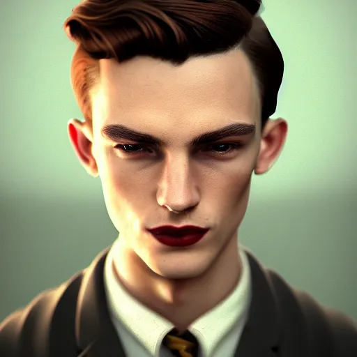 Image similar to A videogame portrait of a young Irish man with high cheekbones. Good bone structure. Dressed in 1940s style. (Hazel hair). Highly detailed, fine Art, high detail, great lighting, 8k resolution, masterpiece, concept art, illustration, clear eyes, painting oil on canvas, octane render, HDR, trending on artstation, 4k, 8k, HD