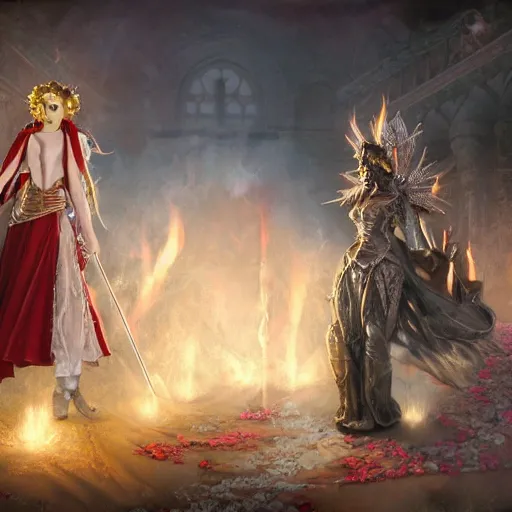 Prompt: an ultra detailed matte painting of a lesbian wedding between evil pyromancer and a red mage from final fantasy, steampunk, unholy, white church background, detailed face, sharp focus, highly detailed, cinematic lighting, studio quality, colorful, smooth render, unreal engine 5 rendered, octane, rendered, by artgerm, greg rutkowski, alphonse mucha