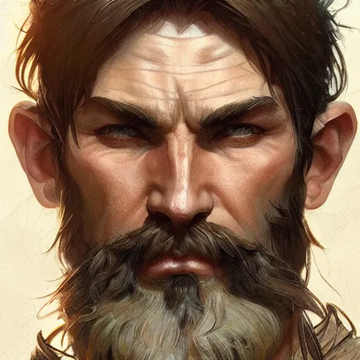 Image similar to Portrait of rugged male ranger, D&D, muscular, fantasy, intricate, elegant, highly detailed, digital painting, artstation, concept art, smooth, sharp focus, illustration, art by artgerm and greg rutkowski and alphonse mucha