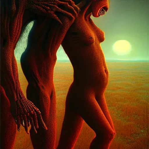 Image similar to alien man with alien woman, full body portraiture, painted by beksinski, 4 k, intricate details, unreal engine, dynamic lighting