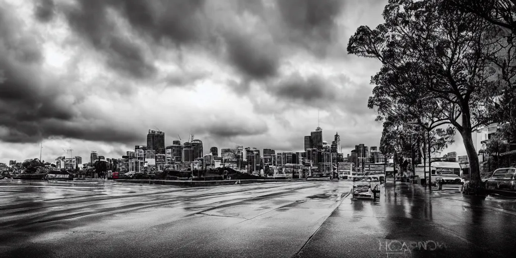 Prompt: landscape photo, stormy overcast rain, Sydney city streets