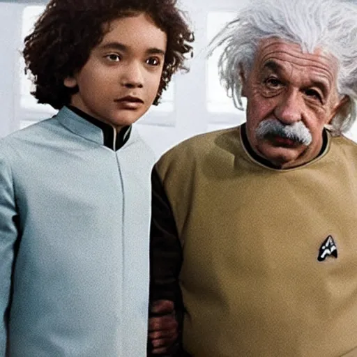 Prompt: Young Albert Einstein and Old Albert Einstein in the new Star Trek movie