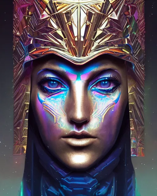 Image similar to highly detailed surreal vfx portrait of a metallic chromatic geometric tribal magician, behance, stephen bliss, unreal engine, greg rutkowski, loish, rhads, beeple, makoto shinkai and lois van baarle, ilya kuvshinov, rossdraws, tom bagshaw, alphonse mucha, global illumination, detailed and intricate environment