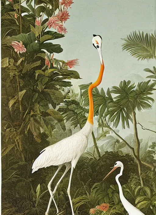 Image similar to tiger hunting a white crane, tropical plants, botanical, large exotic flowers, biology, by artist john audubon
