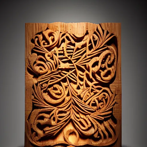 Image similar to intricate biotechnology carved from wood, photograph, studio lighting