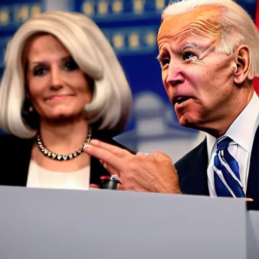 Image similar to photograph of Joe Biden and a gray alien wearing a blonde wig and a red dress, at a press conference