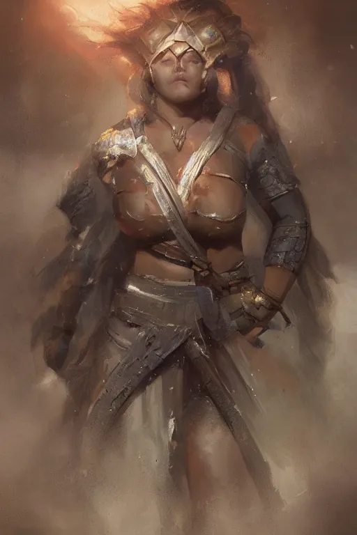 Image similar to portrait of a beautiful chonky young female warrior in the middle of a fight as drawn by eric anthony johnson ericanthonyj artstation artgerm greg rutkowski and magali villeneuve 8 k subsurface scattering, soft light