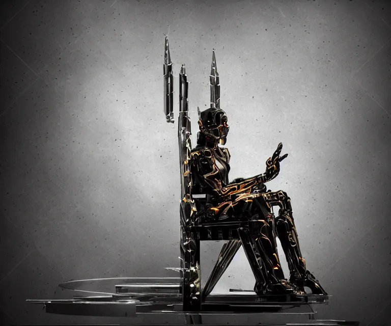 Prompt: translucent cyborg sitting on a metal throne in a futuristic castle, fantasy sci - fi, sharp lines, metallic, 2 0 0 mm focus, bokeh