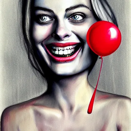 Image similar to surrealism grunge cartoon portrait sketch of margot robbie with a wide smile and a red balloon by - michael karcz, loony toons style, horror theme, detailed, elegant, intricate