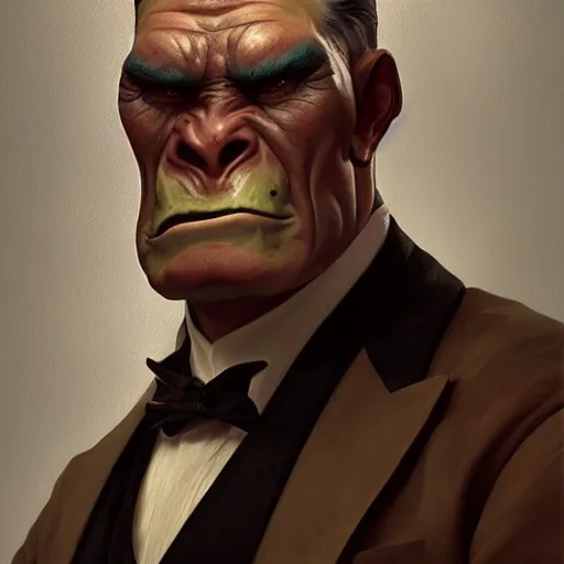 Image similar to vintage portrait of a male orc in tuxedo, highly detailed, digital painting, art by Stanley Lau and Artgerm and magali villeneuve and Alphonse Mucha, artstation, octane render, cgsociety