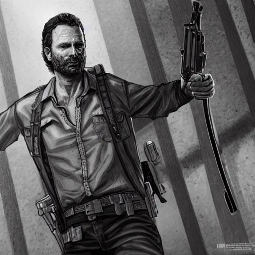 Image similar to rick grimes line art, the walking dead, full body, fantasy, medieval, vivid colors, elegant, concept art, sharp focus, digital art, Hyper-realistic, 4K, Unreal Engine, Highly Detailed, HD, Dramatic Lighting by Brom, trending on Artstation