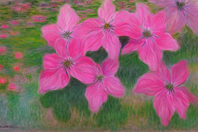 Image similar to beautiful pink dripping clematis by claude monet, oil on canvas