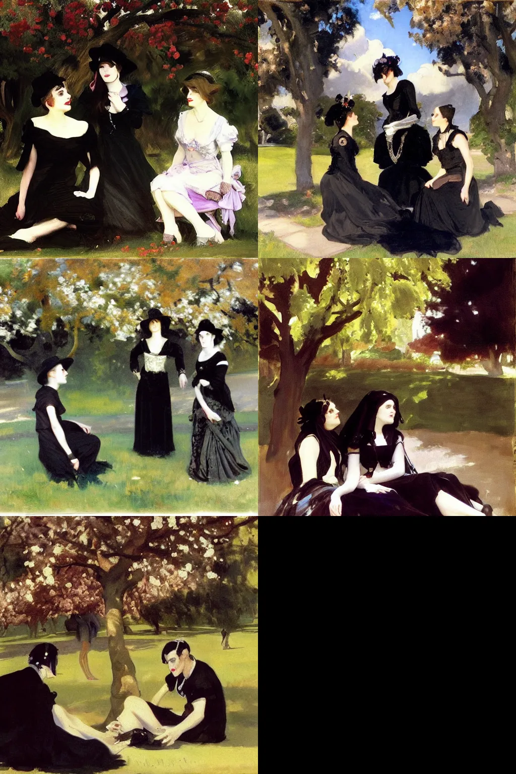 Prompt: an hd painting by john singer sargent. three goths loitering in the shade, talking beneath a cherry tree outside a blockbuster video store.