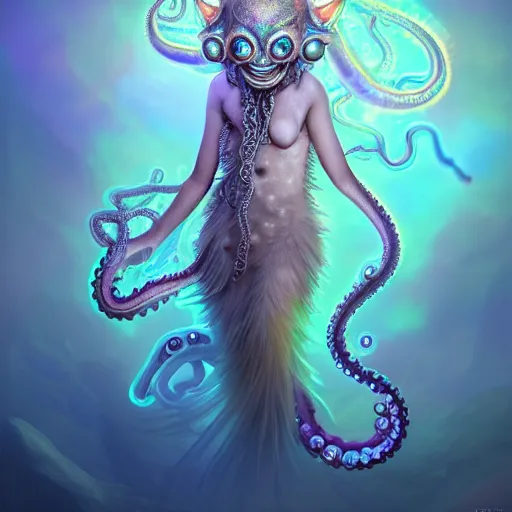 Image similar to A full shot of a cute magical monster Cryptid wearing a dress made of opals and tentacles. Chibi. Subsurface Scattering. Translucent Skin. Caustics. Prismatic light. defined facial features, symmetrical facial features. Opalescent surface. Soft Lighting. beautiful lighting. By Giger and Ruan Jia and Artgerm and WLOP and William-Adolphe Bouguereau and Loish and Lisa Frank. Sailor Moon. trending on artstation, featured on pixiv, award winning, sharp, details, intricate details, realistic, Hyper-detailed, HD, HDR, 4K, 8K.