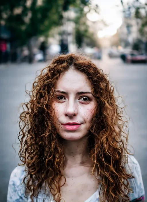 Image similar to Mid-shot portrait of a beautiful 30-year-old woman from Moldova, with freckles and wavy hair, candid street portrait in the style of Mario Testino award winning, Sony a7R