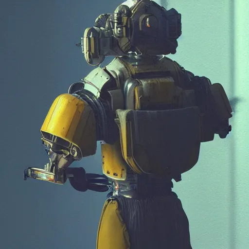 Image similar to Vermeer photographed photorealistic vfx movie cyberpunk aesthetic TOOL album holographic cover art of a giant mech warrior. 3D octane.