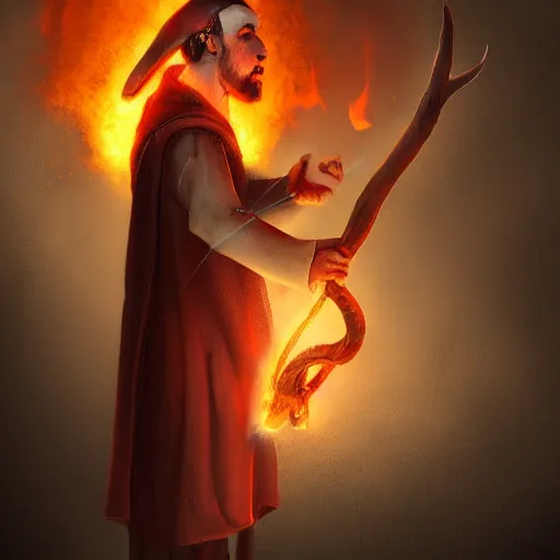 Image similar to ram horned catholic monk like half-lamb brings fire down from the sky, medieval style, trending on artstation, highly detailed, digital painting, volumetric light, concept art, sharp focus, illustration