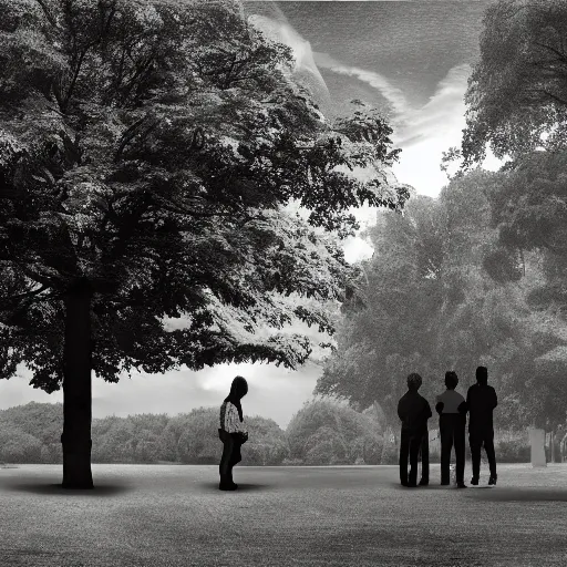 Image similar to a group of people in a park staring up at a gigantic tree, professional monochromatic, digital artwork