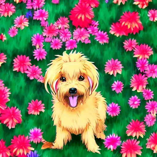 Image similar to A blond Norfolk terrier in the style of 90s anime, bright,red flowers, foot path, trees, award winning, trending on artstation