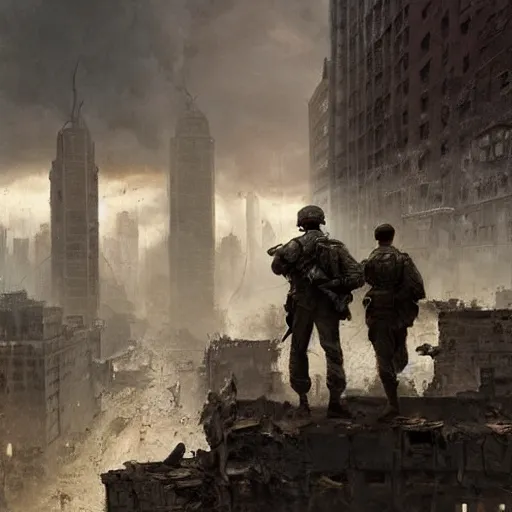 Prompt: closeup two American soldiers moving cautiously through the ruins of New York City, 8k, cinematic, art by Greg Rutkowski, calm, desolate, melancholy, tense
