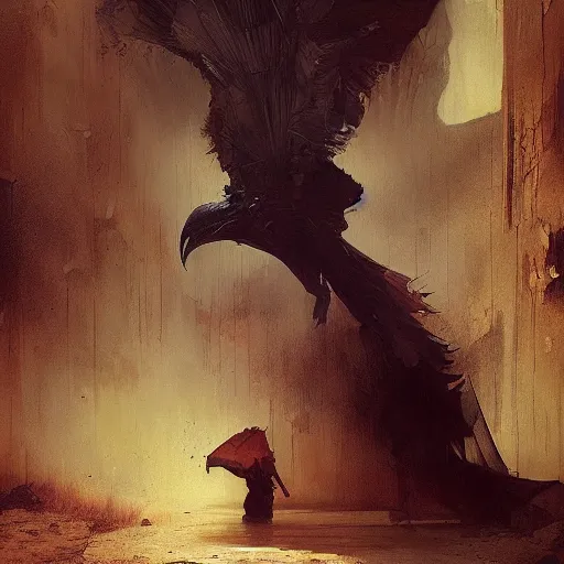 Image similar to Exterior Desert Oasis puissant physique demonic crow wearing a devilry costume Jan Van eyck greg rutkowski ilya repin christophe young bastien lecouffe-deharme ismail inceoglu odd nerdrum dragan bibin john steuart curry