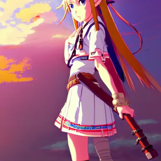 Image similar to a beautiful! young feminine link from botw, wearing japanese catholic school girl outfit with mayan pattern and native style, aztec street fashion, guilty gear art direction, perfect anime face, gapmoe yandere grimdark, trending on pixiv fanbox, painted by greg rutkowski makoto shinkai takashi takeuchi studio ghibli, akihiko yoshida