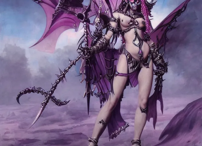 Image similar to Skilled Slaanesh demonette with pink tail and small horns on her head and beautiful long black hair wearing the outfit of slaanesh legions looking at the viewer corrupting an ultramarine space marine, elegant, delicate, powerful, smooth, highly detailed, Artstation, Cgsociety, art by Mark Simonetti and Gil Elvgren and artgerm, mucha, Warhammer illustration, digital art