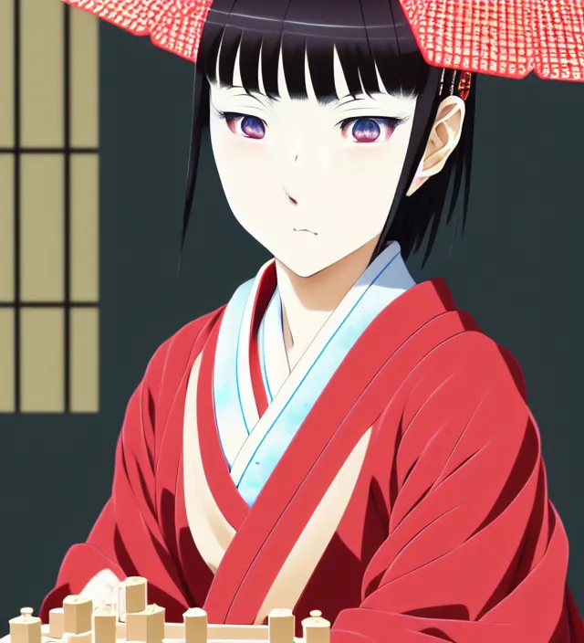 Prompt: anime visual, portrait of a japanese woman in traditional clothes outside a temple playing shogi, cute face by ilya kuvshinov, yoshinari yoh, makoto shinkai, katsura masakazu, dynamic perspective pose, detailed facial features, kyoani, rounded eyes, crisp and sharp, cel shad, anime poster, ambient light