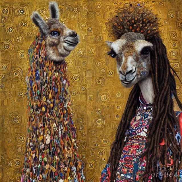 Image similar to llama with dreadlocks, gustav klimt, by mandy jurgens, ernst haeckel, james jean