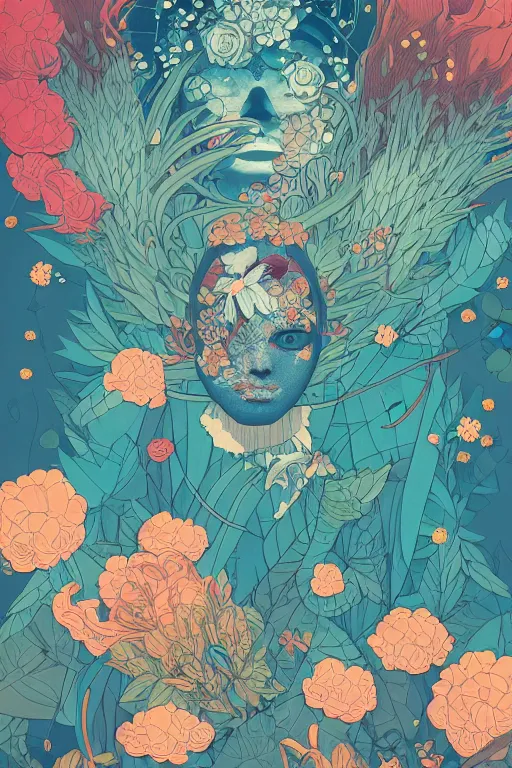Prompt: night sky full of flowers, floating details, leaves by miyazaki, colorful palette illustration, kenneth blom, mental alchemy, james jean, pablo amaringo, naudline pierre, contemporary art, hyper detailed