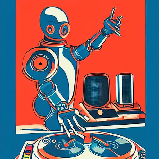 Prompt: futuristic atompunk robot dj at a techno music club, soviet propaganda poster art