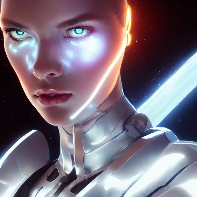 Prompt: close up portrait of beautiful futuristic female cyborg with chrome skin wearing white armor, astral nebula, glowing hair, subsurface scattering, artistic, art by artgerm, greg rutkowski and alphonse mucha, artstation, octane render,