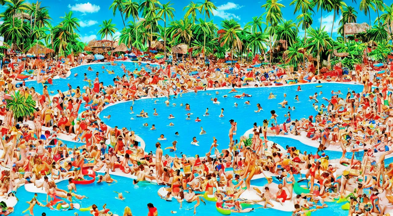 Prompt: where’s waldo, a beautiful day at a tropical pool,colorised,photograph