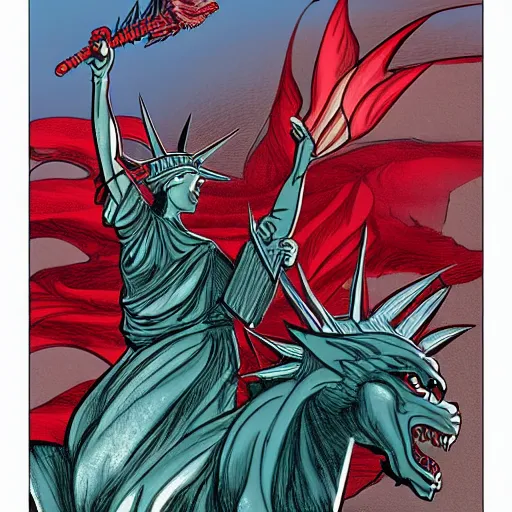 Image similar to Lady Liberty riding the red dragon of 龙, illustration, concept art, in the style of Arthur Adams