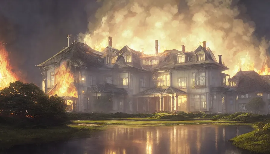 Image similar to A highly detailed matte painting of a white mansion engulfed in flames, by Studio Ghibli, Makoto Shinkai, by Artgerm, by WLOP, by Greg Rutkowski, volumetric lighting, octane render, 4K resolution, trending on artstation, masterpiece