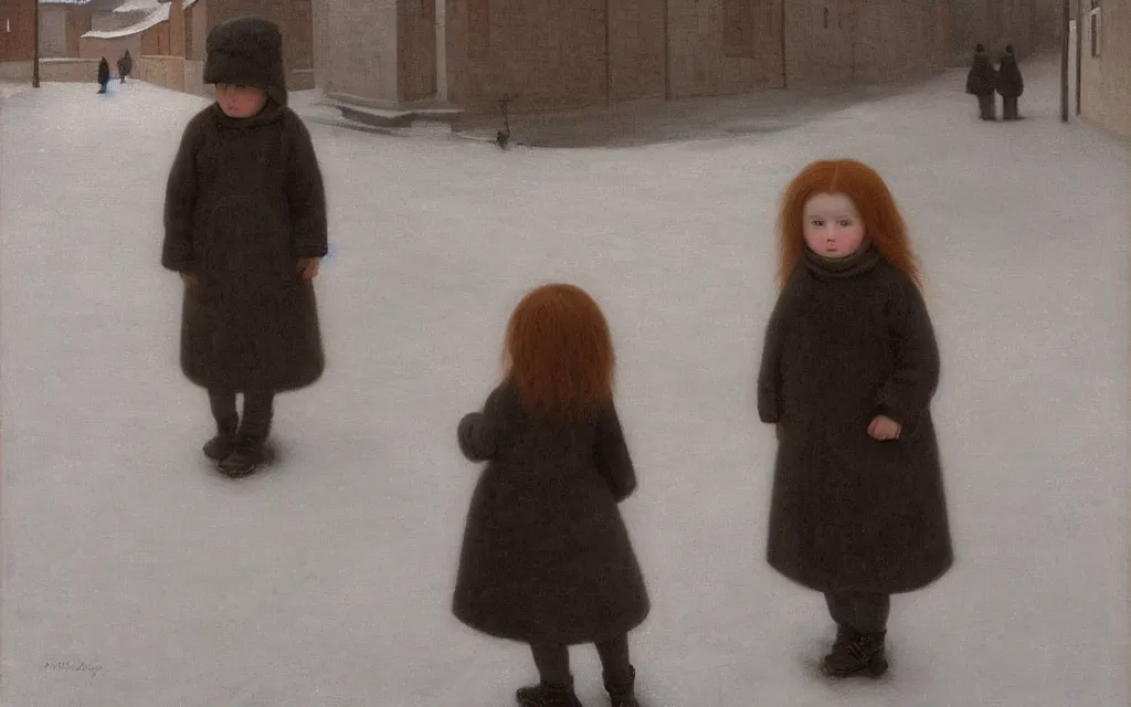 Image similar to a painting of sad little redhead little girl in a winter street in norway, oil on canvas, by hammershoi