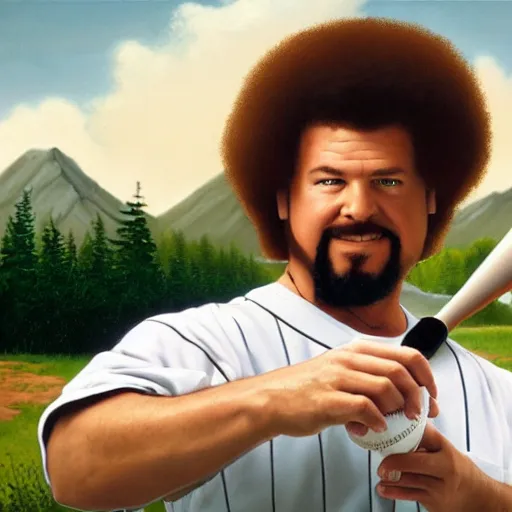 Image similar to a closeup photorealistic photograph of bob ross working on an image of kenny powers autographing a baseball on a canvas. mountains and trees. film still. brightly lit scene. this 4 k hd image is trending on artstation, featured on behance, well - rendered, extra crisp, features intricate detail, epic composition and the style of unreal engine.