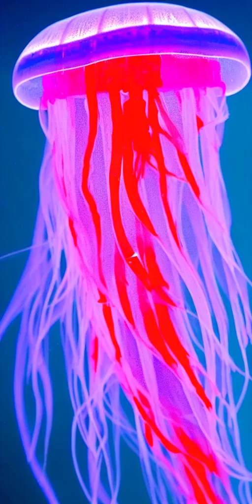 Prompt: a deep sea translucent bioluminescent jellyfish, purple and orange, hyperrealistic, extremely detailed, award winning underwater photograph